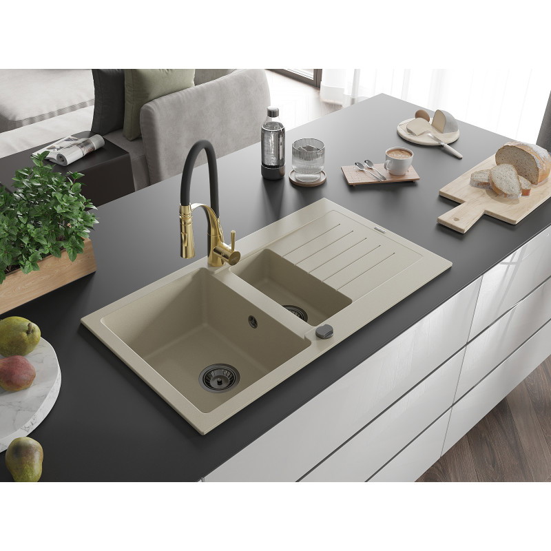 Mexen Matias évier en granit 1,5 bac avec égouttoir et mitigeur de cuisine Aster, beige - 6502-69-73450-57-B