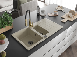 Mexen Matias évier en granit 1,5 bac avec égouttoir et robinet de cuisine Aster, beige - 6502-69-73450-57-B