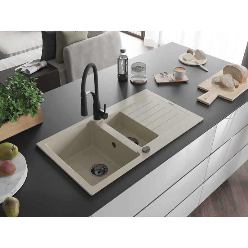 Mexen Matias évier en granit 1,5 bac avec égouttoir et mitigeur de cuisine Aster, beige - 6502-69-73450-70-B