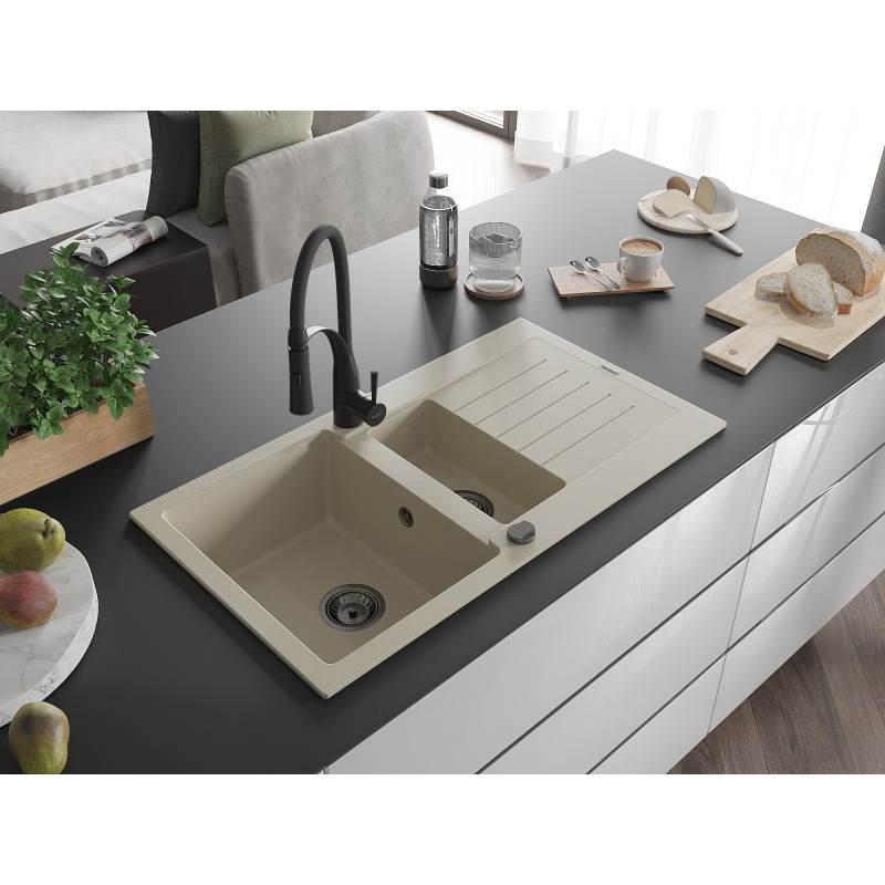 Mexen Matias évier en granit 1,5 cuves avec égouttoir et robinet de cuisine Aster, beige - 6502-69-73450-70-B