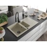 Mexen Matias évier en granit 1,5 cuves avec égouttoir et robinet de cuisine Aster, beige - 6502-69-73450-70-B