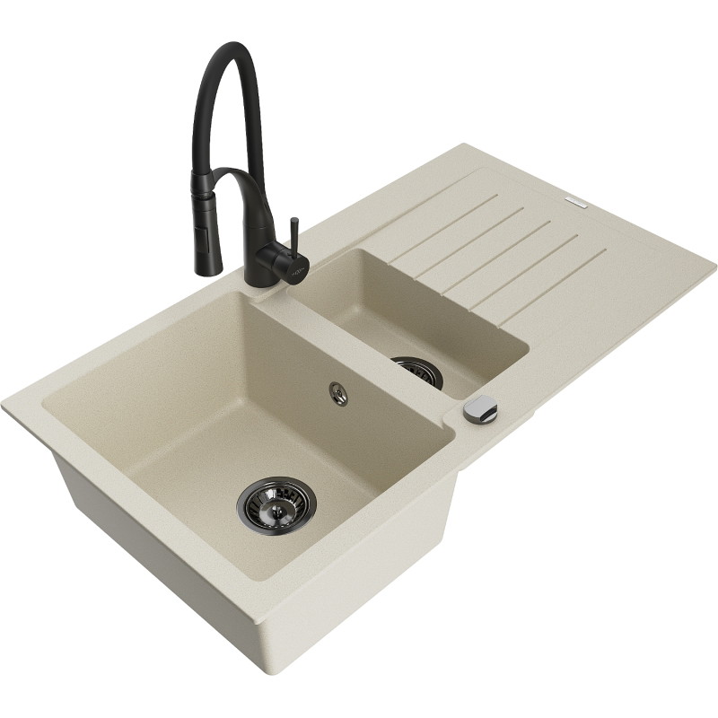 Mexen Matias évier en granit 1,5 bacs avec égouttoir et robinet de cuisine Aster, beige - 6502-69-73450-70-B