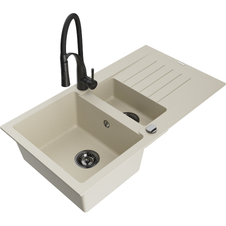 Mexen Matias évier en granit 1,5 cuves avec égouttoir et robinet de cuisine Aster, beige - 6502-69-73450-70-B