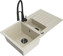 Mexen Matias évier en granit 1,5 cuves avec égouttoir et robinet de cuisine Aster, beige - 6502-69-73450-70-B
