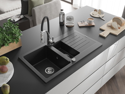 Mexen Matias évier en granit 1,5 bassins avec égouttoir et robinet de cuisine Aster, noir - 6502-77-73450-07