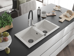 Mexen Mario évier en granit 2 cuves avec robinet de cuisine Aster, blanc - 6504-20-73450-07-B