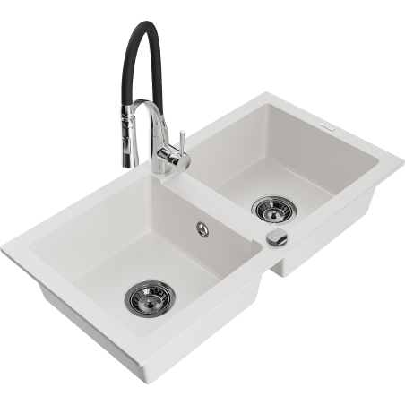 Mexen Mario évier en granit 2 cuves avec robinet de cuisine Aster, blanc - 6504-20-73450-07-B