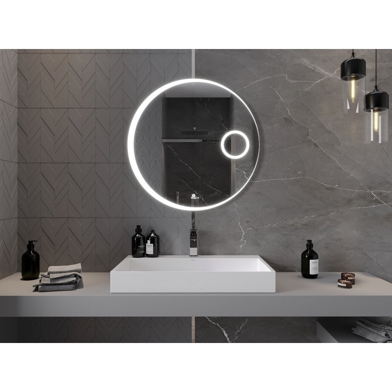Mexen Ella miroir de salle de bains éclairé avec miroir cosmétique, rond 80 cm, LED 6000K, antibuée - 9811-080-080-611-00