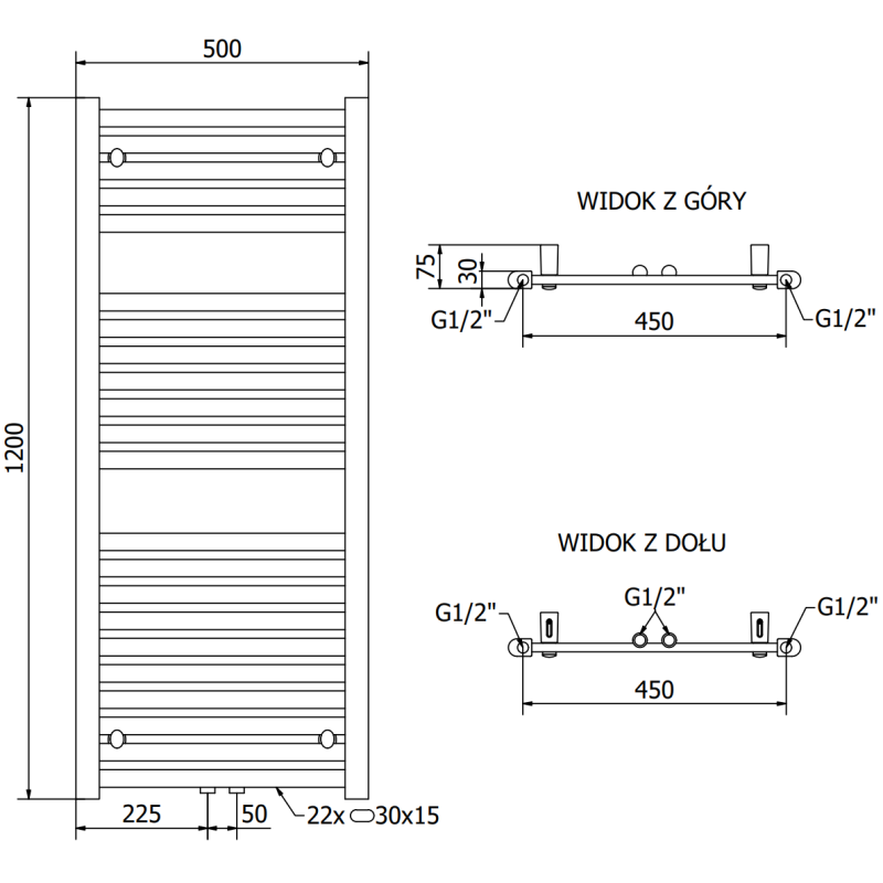 Mexen Hades radiateur de salle de bain 1200 x 500 mm, 570 W, noir - W104-1200-500-00-70