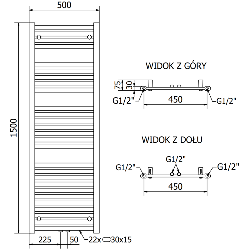 Mexen Hades radiateur salle de bain 1500 x 500 mm, 703 W, noir - W104-1500-500-00-70