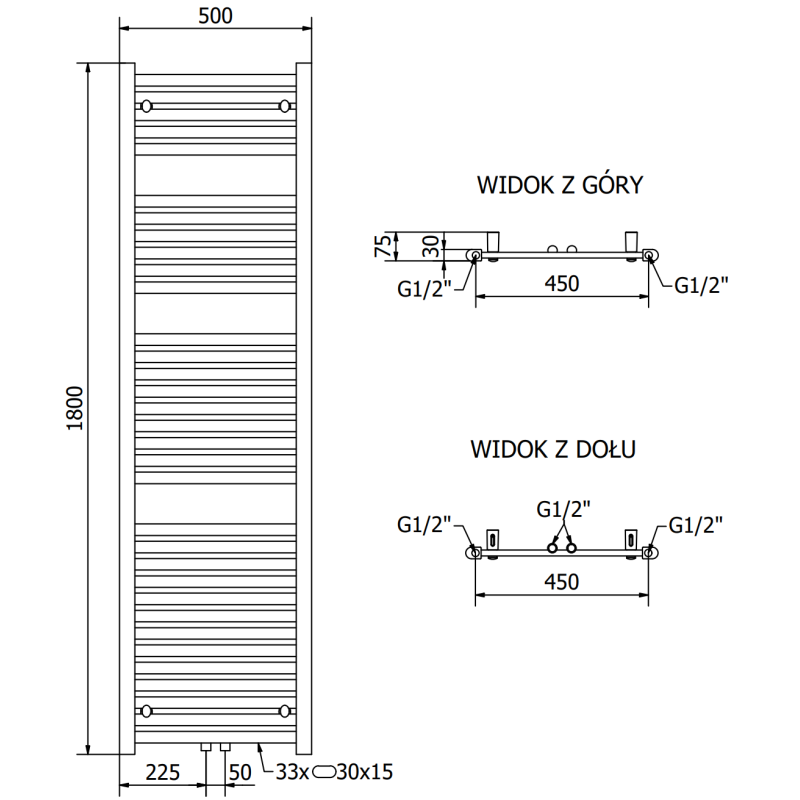 Mexen Hades radiateur de salle de bains 1800 x 500 mm, 854 W, blanc - W104-1800-500-00-20