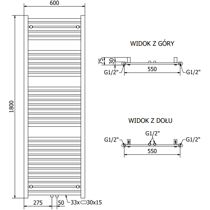 Mexen Hades radiateur de salle de bains 1800 x 600 mm, 1000 W, noir - W104-1800-600-00-70