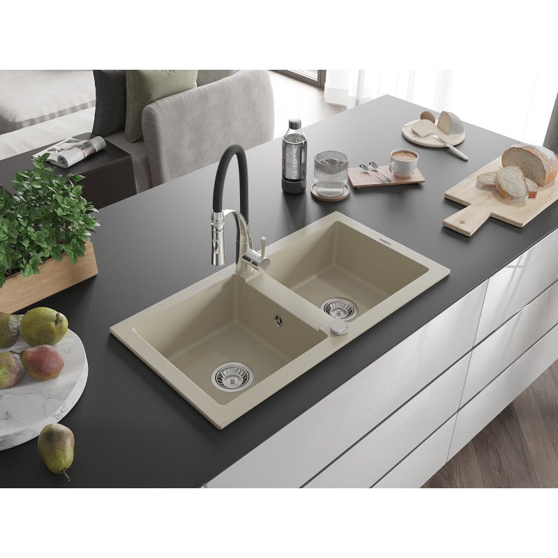 Mexen Mario évier de cuisine en granit à 2 bacs avec robinet de cuisine Aster, beige - 6504-69-73450-07