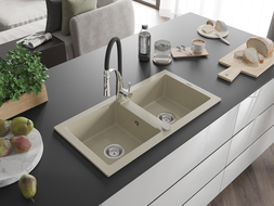 Mexen Mario évier en granit à 2 bacs avec robinet de cuisine Aster, beige - 6504-69-73450-07