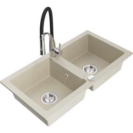 Mexen Mario évier en granit à 2 bacs avec robinet de cuisine Aster, beige - 6504-69-73450-07