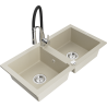 Mexen Mario évier en granit à 2 bacs avec robinet de cuisine Aster, beige - 6504-69-73450-07