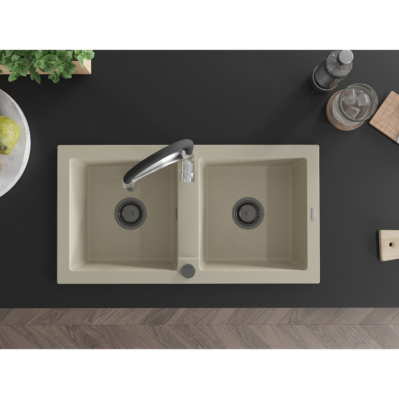 Mexen Mario évier de cuisine en granit à 2 cuves avec robinet de cuisine Aster, beige - 6504-69-73450-07-B