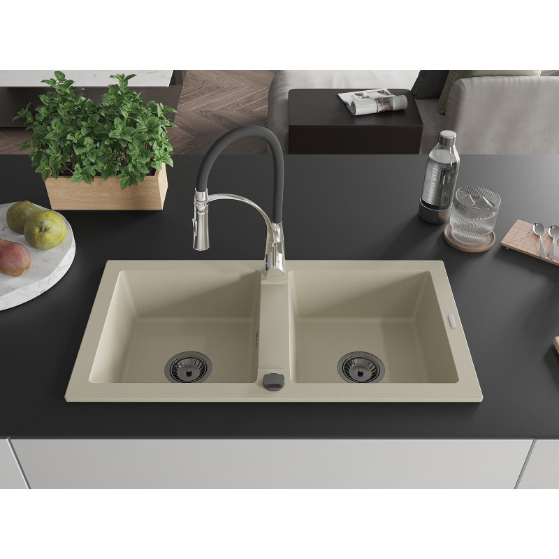Mexen Mario évier de cuisine en granit à 2 cuves avec robinet de cuisine Aster, beige - 6504-69-73450-07-B