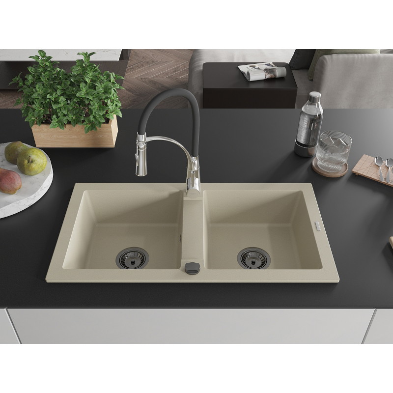 Mexen Mario évier en granit à 2 bacs avec robinet de cuisine Aster, beige - 6504-69-73450-07-B