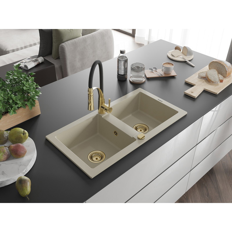Mexen Mario évier granitique à 2 bacs avec robinet de cuisine Aster, beige - 6504-69-73450-57-G