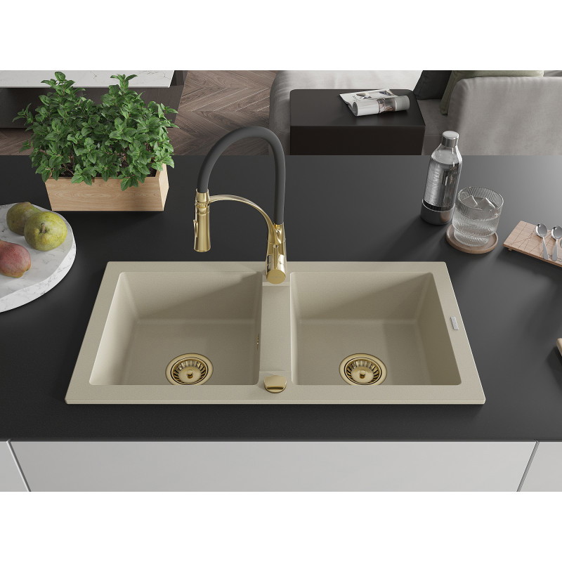 Mexen Mario évier granitique à 2 bacs avec robinet de cuisine Aster, beige - 6504-69-73450-57-G