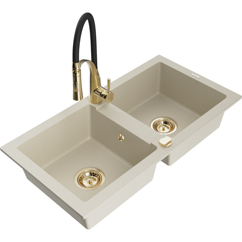 Mexen Mario évier granitique à 2 bacs avec robinet de cuisine Aster, beige - 6504-69-73450-57-G