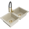 Mexen Mario évier granitique à 2 bacs avec robinet de cuisine Aster, beige - 6504-69-73450-57-G