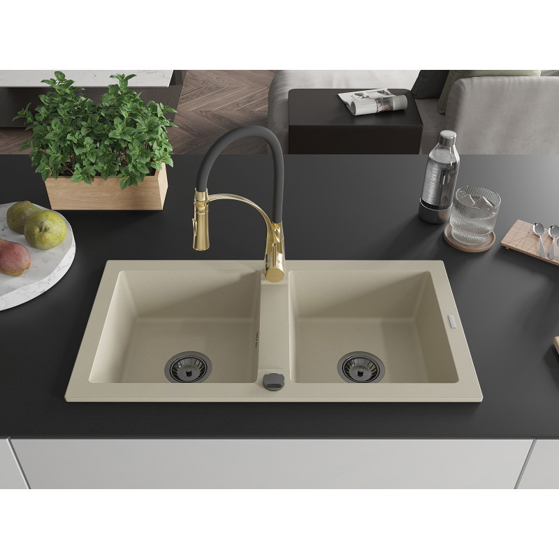 Mexen Mario évier en granit 2 bacs avec mitigeur de cuisine Aster, beige - 6504-69-73450-57-B