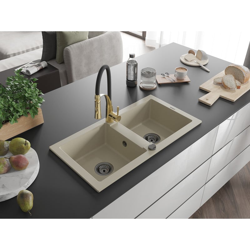 Mexen Mario évier en granit 2 bacs avec mitigeur de cuisine Aster, beige - 6504-69-73450-57-B