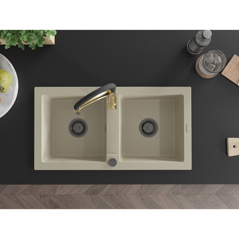 Mexen Mario évier en granit 2 bacs avec mitigeur de cuisine Aster, beige - 6504-69-73450-57-B