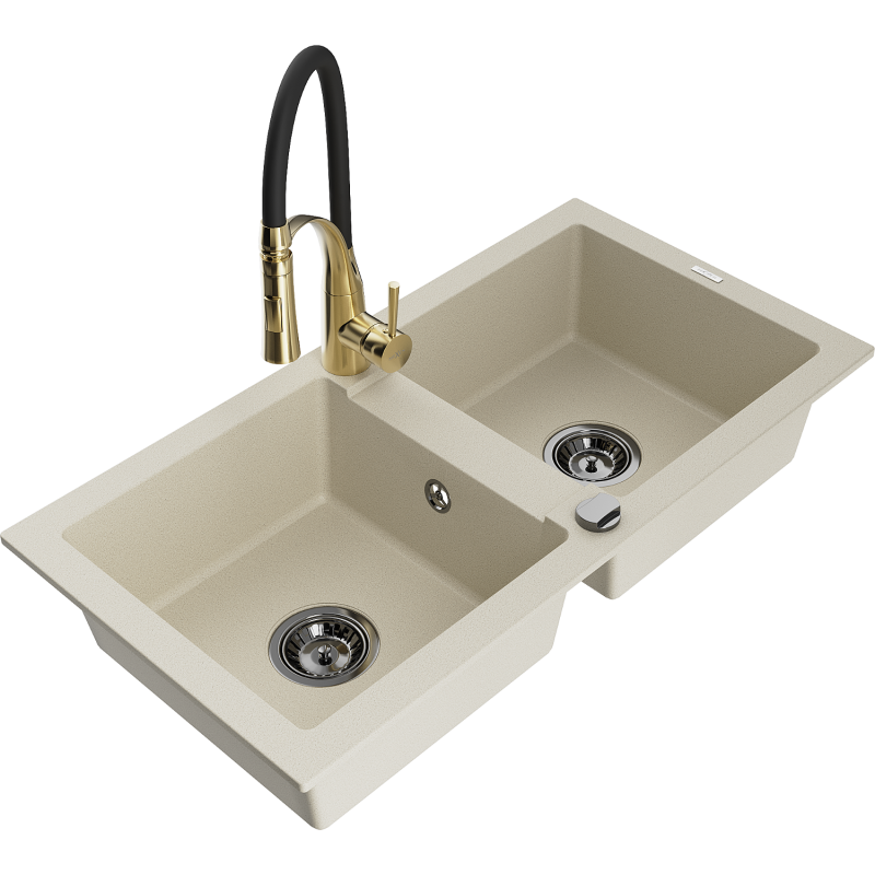 Mexen Mario évier en granit 2 bacs avec mitigeur de cuisine Aster, beige - 6504-69-73450-57-B