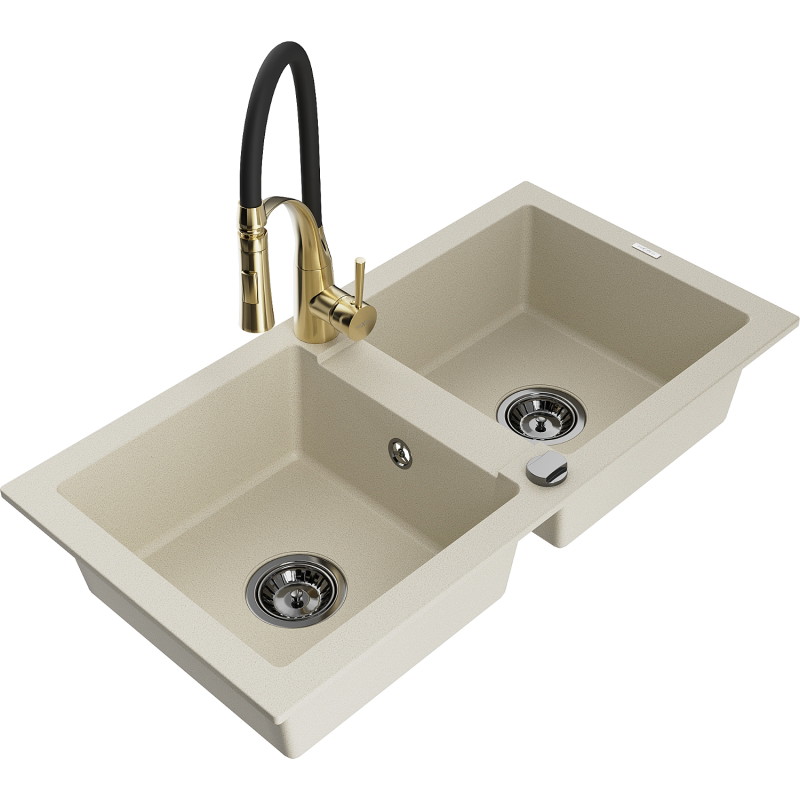 Mexen Mario évier en granit à 2 bacs avec robinet de cuisine Aster, beige - 6504-69-73450-57-B