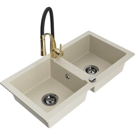 Mexen Mario évier en granit 2 bacs avec mitigeur de cuisine Aster, beige - 6504-69-73450-57-B
