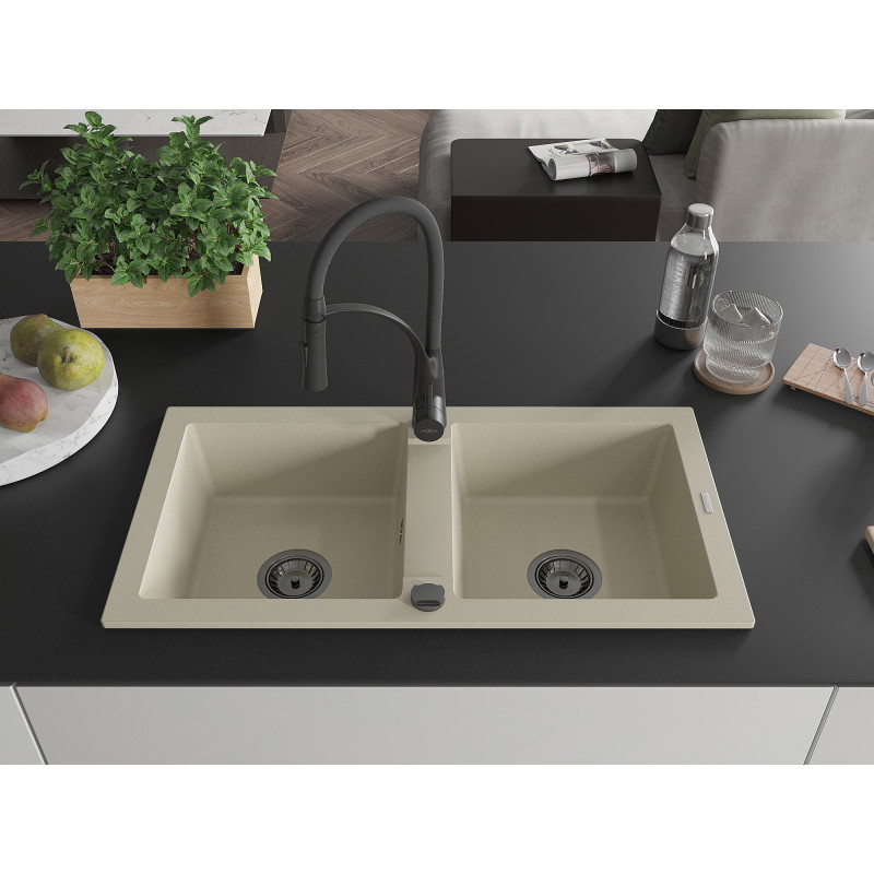 Mexen Mario évier en granit à 2 cuves avec mitigeur de cuisine Aster, beige - 6504-69-73450-70-B