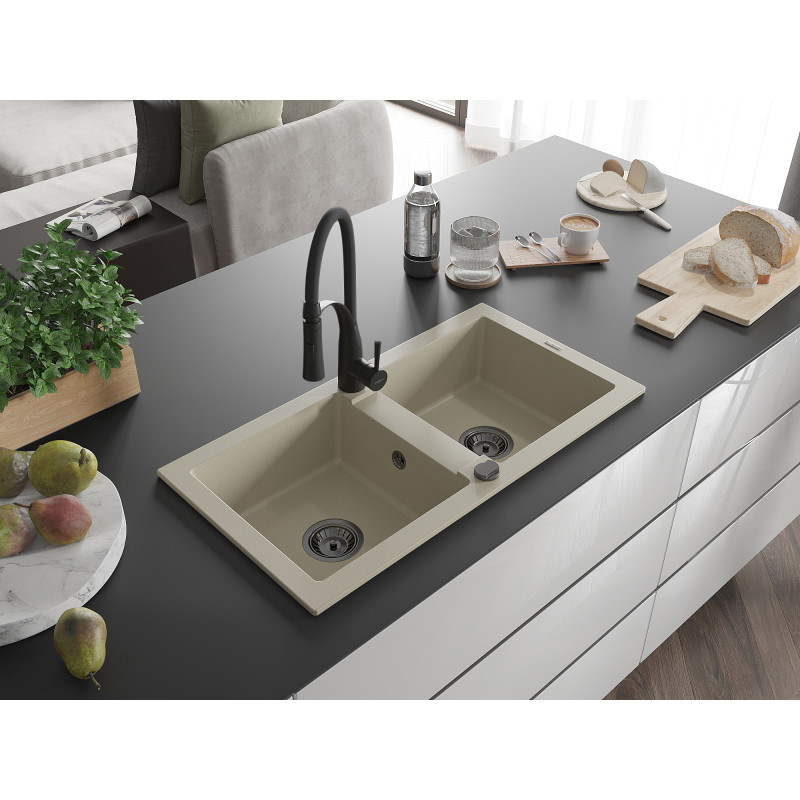 Mexen Mario évier en granit à 2 cuves avec mitigeur de cuisine Aster, beige - 6504-69-73450-70-B