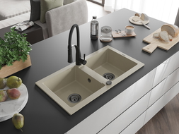 Mexen Mario évier en granit 2 bacs avec robinet de cuisine Aster, beige - 6504-69-73450-70-B