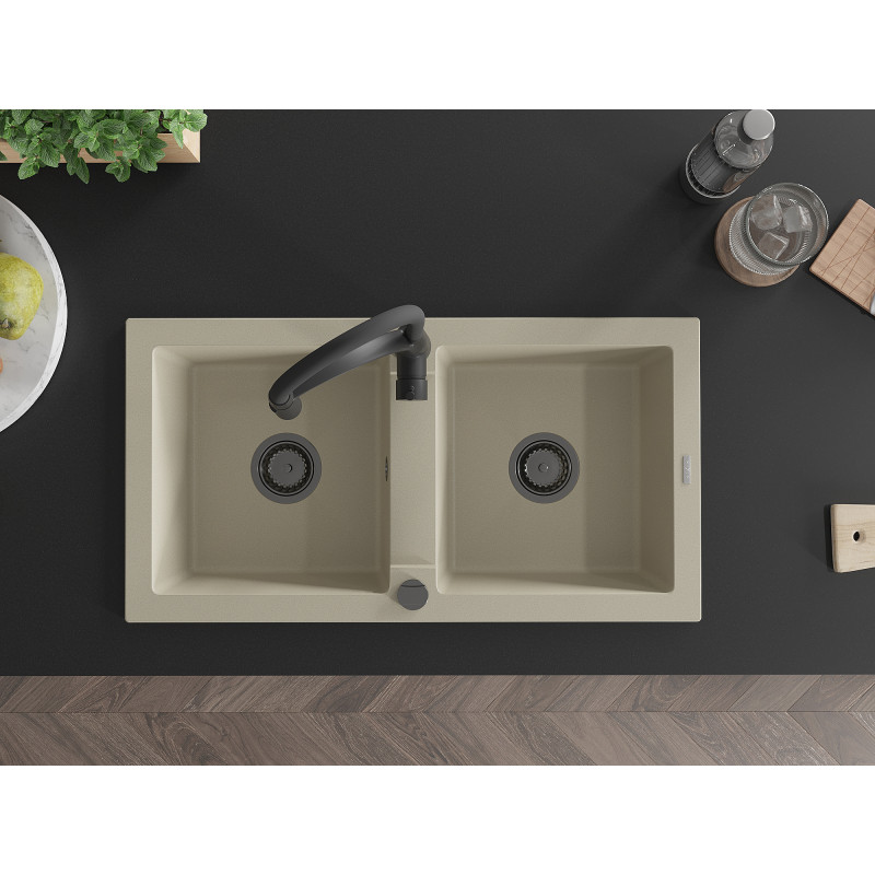 Mexen Mario évier en granit à 2 cuves avec mitigeur de cuisine Aster, beige - 6504-69-73450-70-B