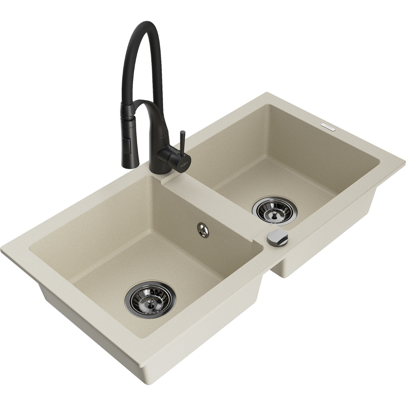 Mexen Mario évier en granit 2 bacs avec robinet de cuisine Aster, beige - 6504-69-73450-70-B