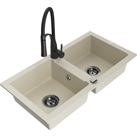 Mexen Mario évier en granit à 2 bacs avec robinet de cuisine Aster, beige - 6504-69-73450-70-B