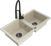 Mexen Mario évier en granit 2 bacs avec robinet de cuisine Aster, beige - 6504-69-73450-70-B