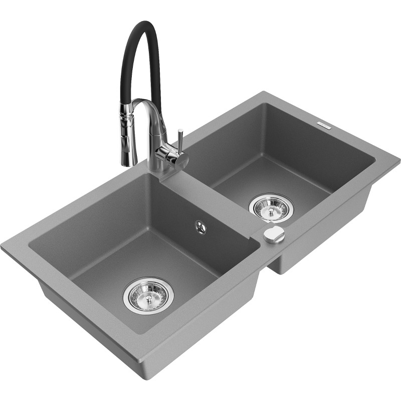 Mexen Mario évier en granit 2 cuves avec robinet de cuisine Aster, gris - 6504-71-73450-07