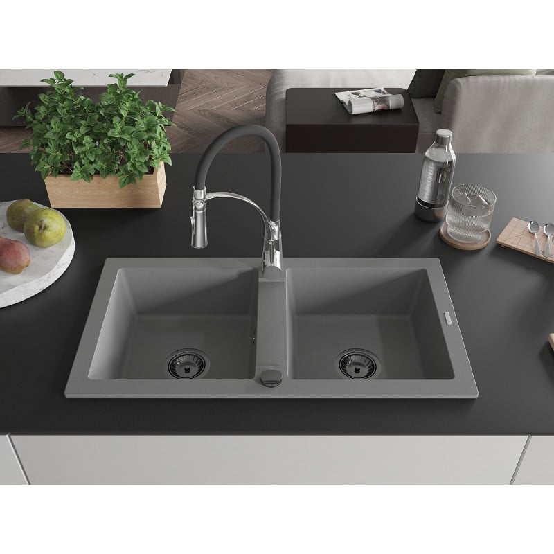 Mexen Mario évier en granit 2 bacs avec robinet de cuisine Aster, gris - 6504-71-73450-07-B