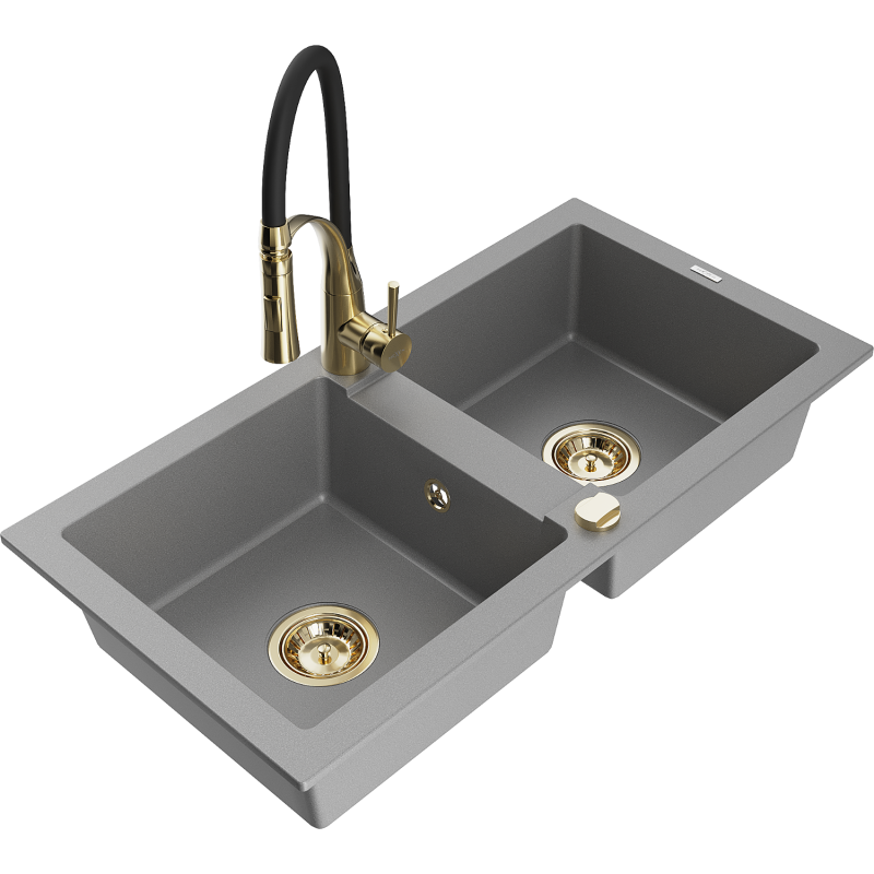 Mexen Mario évier en granit 2 bacs avec robinet de cuisine Aster, gris - 6504-71-73450-57-G