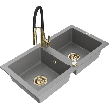 Mexen Mario évier en granit 2 bacs avec robinet de cuisine Aster, gris - 6504-71-73450-57-G