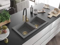 Mexen Mario évier en granit 2 bacs avec robinet de cuisine Aster, gris - 6504-71-73450-57-G