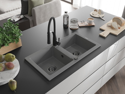 Mexen Mario évier granit double 2 cuves avec robinet de cuisine Aster, gris - 6504-71-73450-70-B