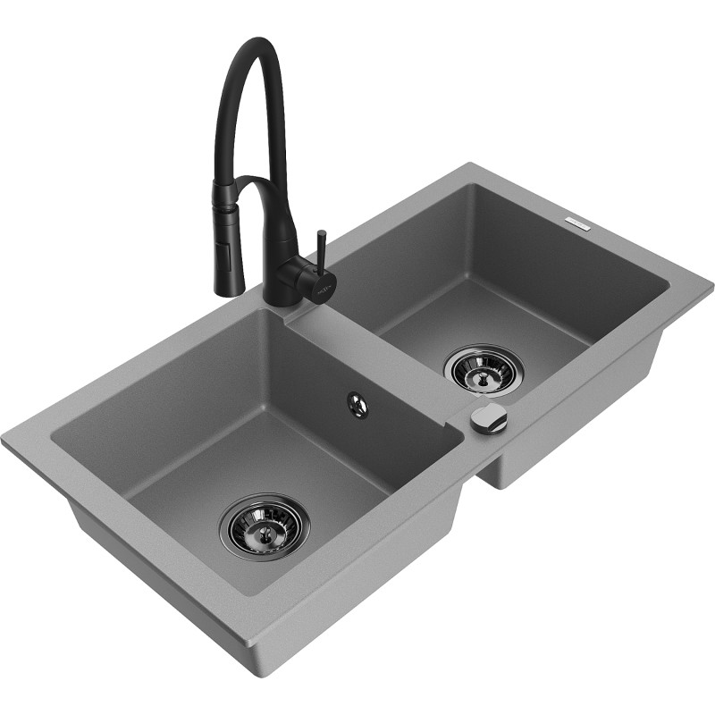 Mexen Mario évier en granit 2 bacs avec robinet de cuisine Aster, gris - 6504-71-73450-70-B