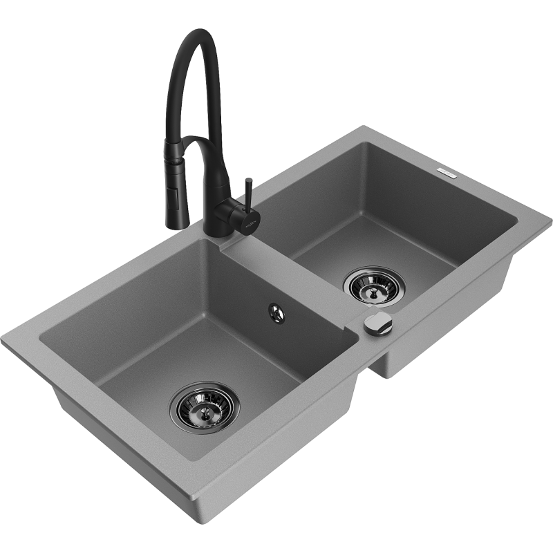 Mexen Mario évier granit double 2 cuves avec robinet de cuisine Aster, gris - 6504-71-73450-70-B
