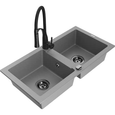 Mexen Mario évier granit double 2 cuves avec robinet de cuisine Aster, gris - 6504-71-73450-70-B
