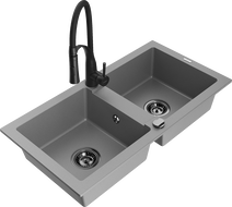 Mexen Mario évier granit double 2 cuves avec robinet de cuisine Aster, gris - 6504-71-73450-70-B